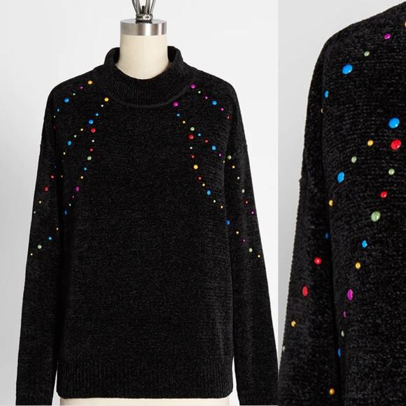 Modcloth Deck The Halls With Glitz Mock Neck Sweater Black Colorful Dots - Picture 1 of 11